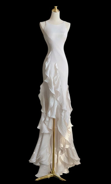 Mermaid Scoop Satin Night Party Dress White Long Prom Dresses SD1524 HZ0628